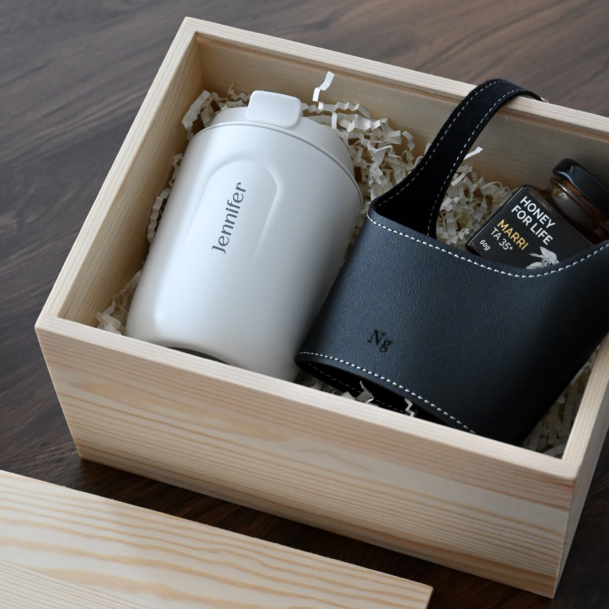 Personalised White tumbler, black cup sleeve and honey jar in a wooden box