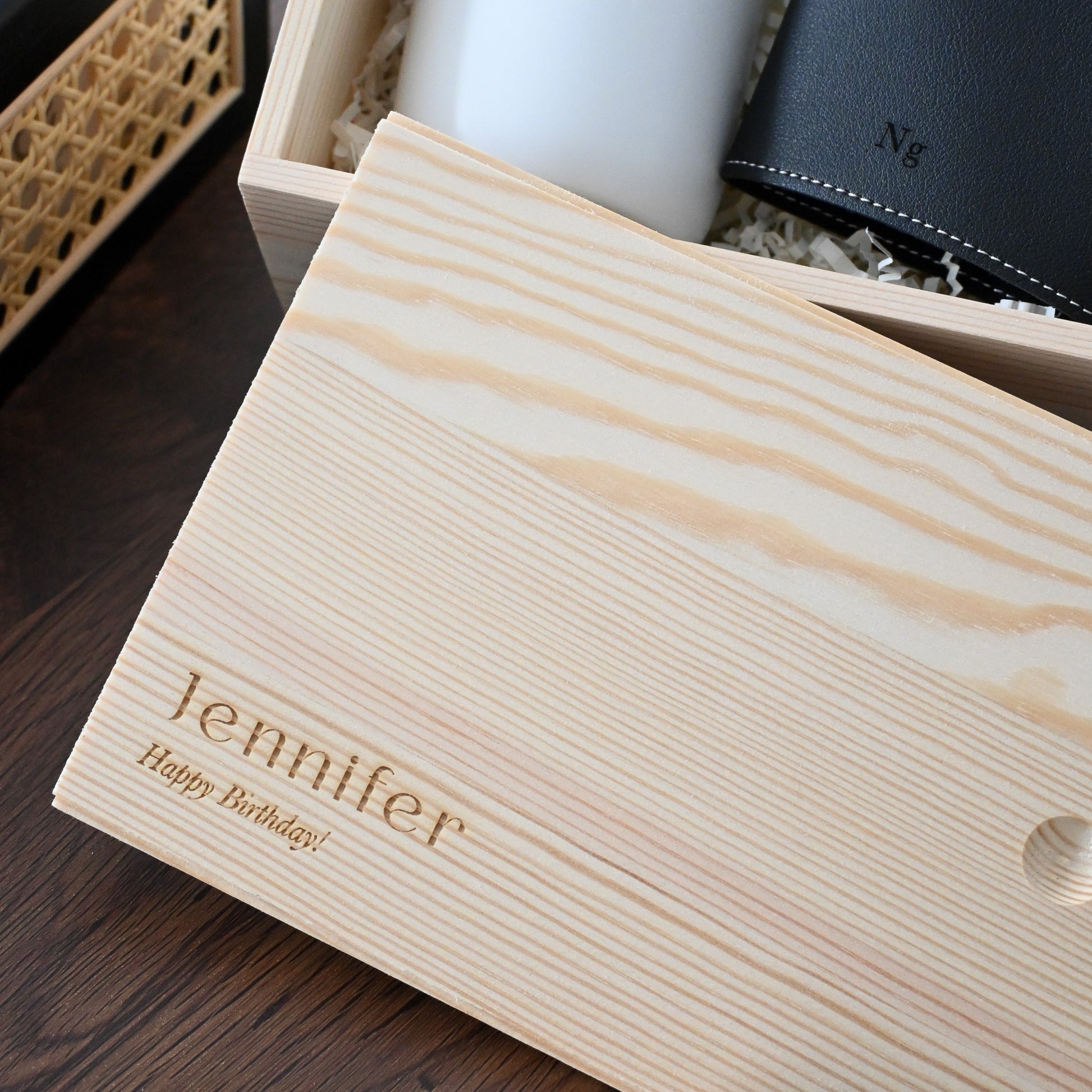 Personalised Wooden box engraving on a wooden surface