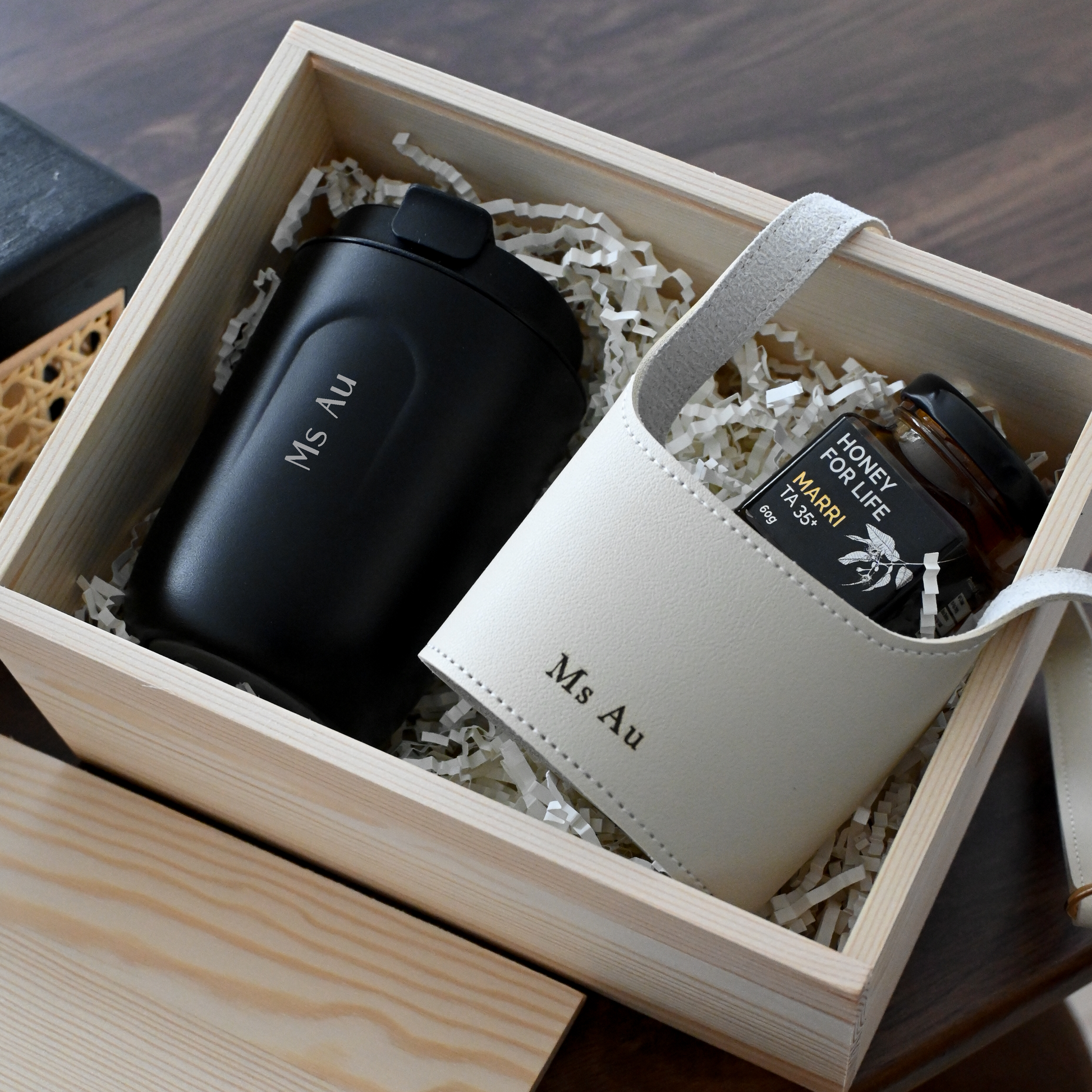Personalised White tumbler, black cup sleeve and honey jar in a wooden box