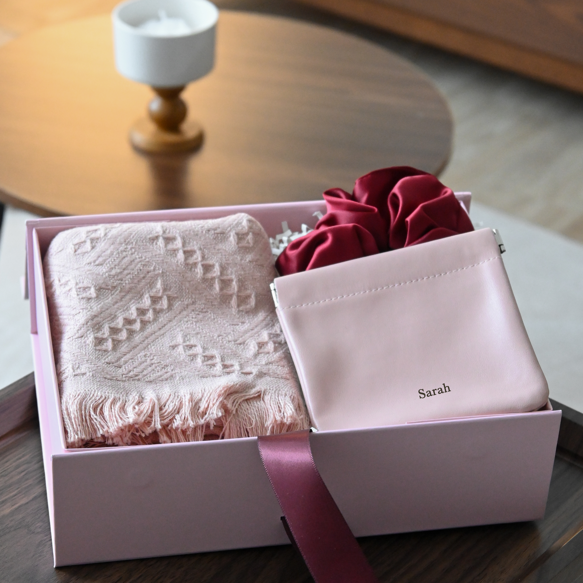 Pink gift box with pink tea towel,  wine red scrunchie and a personalised compact pouch