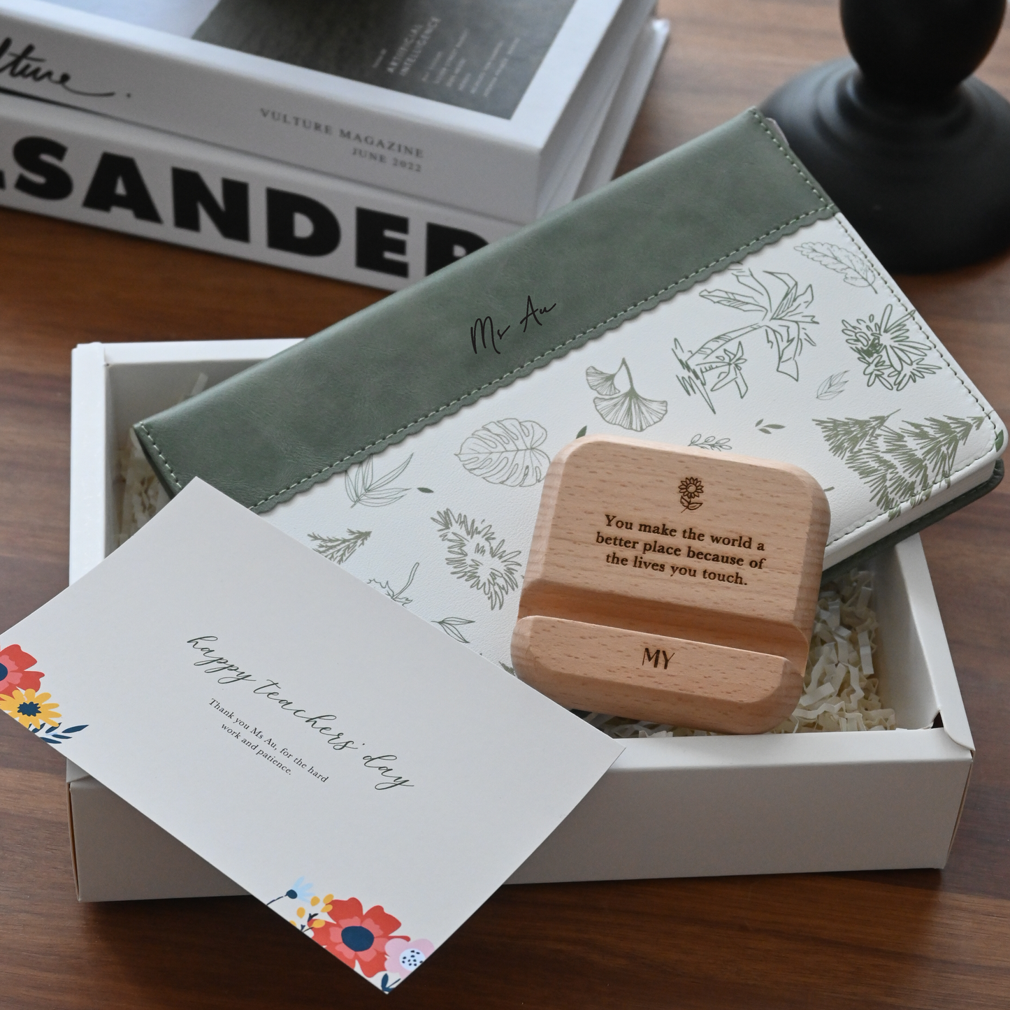 Gift set with wooden phone stand, card, and botanical design notebook for teachers' day singapore
