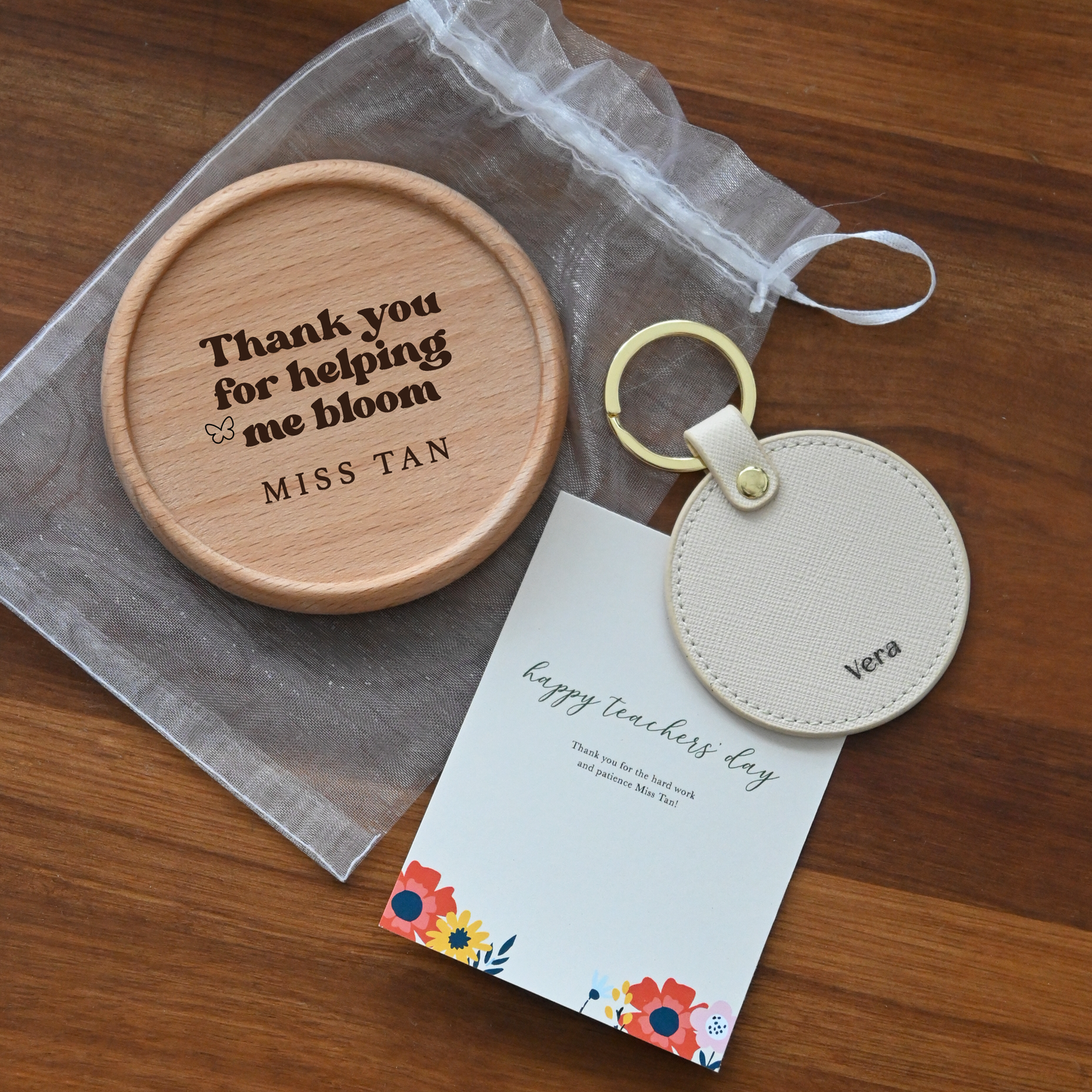 Wooden coaster with personalised engraved message, leather keychain, and card for teachers' day singapore
