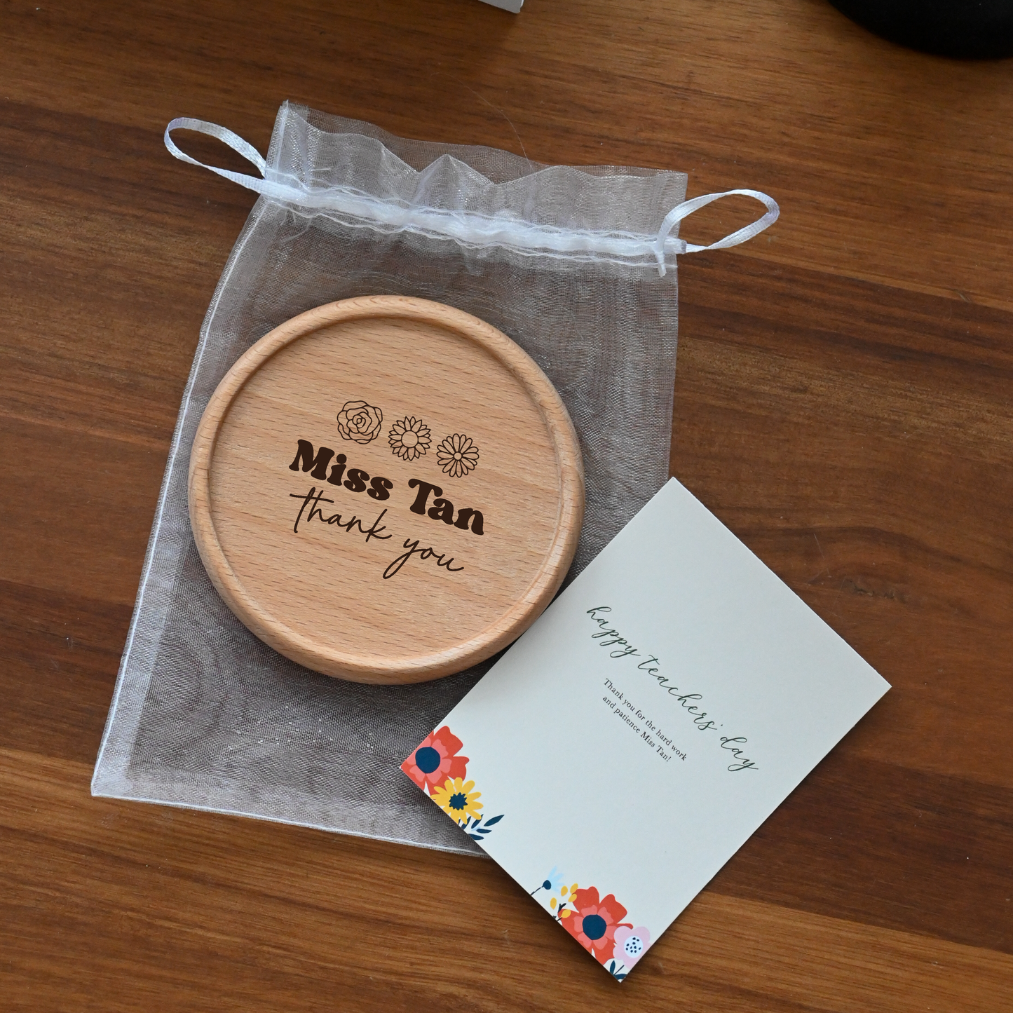 Wooden coaster customised engraving and a card for teachers' day singapore
