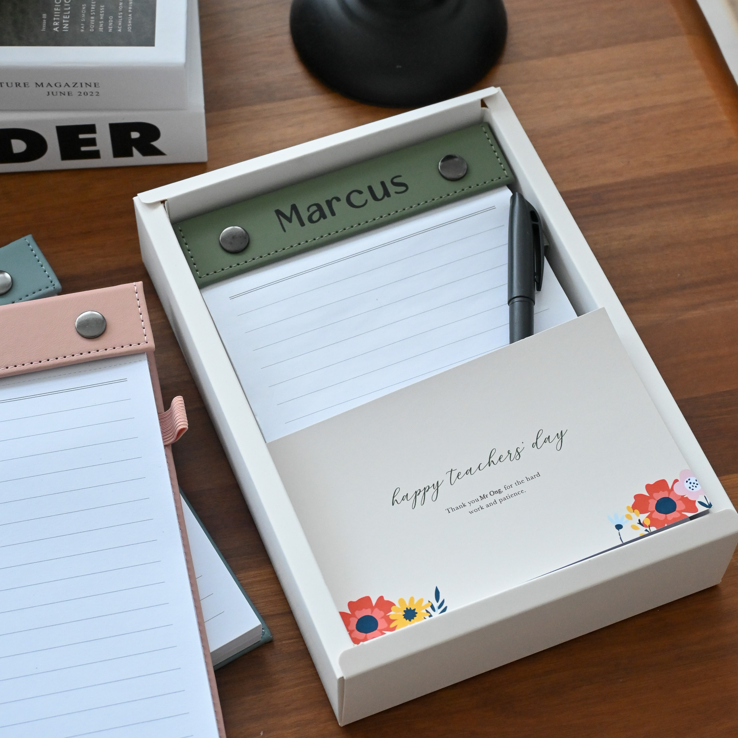 Notebook set with personalised name and card in a box for teachers' day singapore