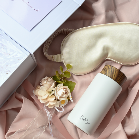 Personalised Bridesmaids Gift Set with Thermos, Sleeping Eye Mask and Rose Wrist Corsage
