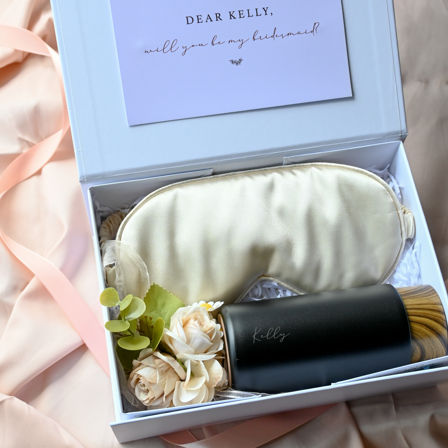 Personalised Bridesmaids Gift Set with Thermos, Sleeping Eye Mask and Rose Wrist Corsage