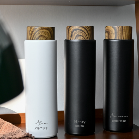 Engraved Wood Grain Thermos (White/ Black) - Father's Day Edition