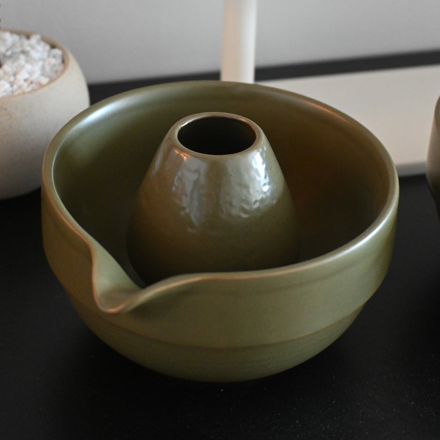 Forest Green Matcha Chawan and Chasen Holder