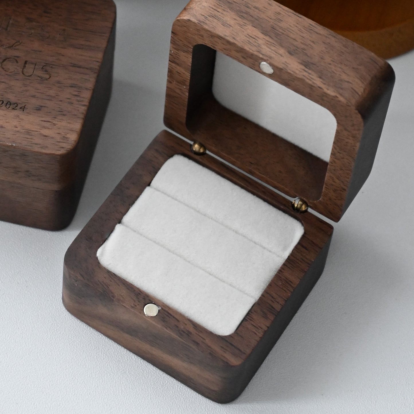 Personalised Wooden Ring Box engraved with names
