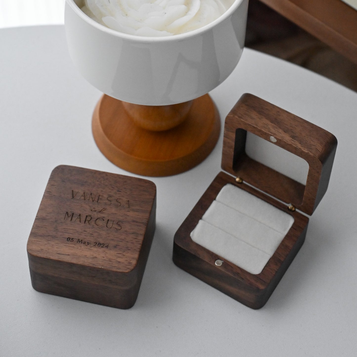 Personalised Wooden Ring Box engraved with names