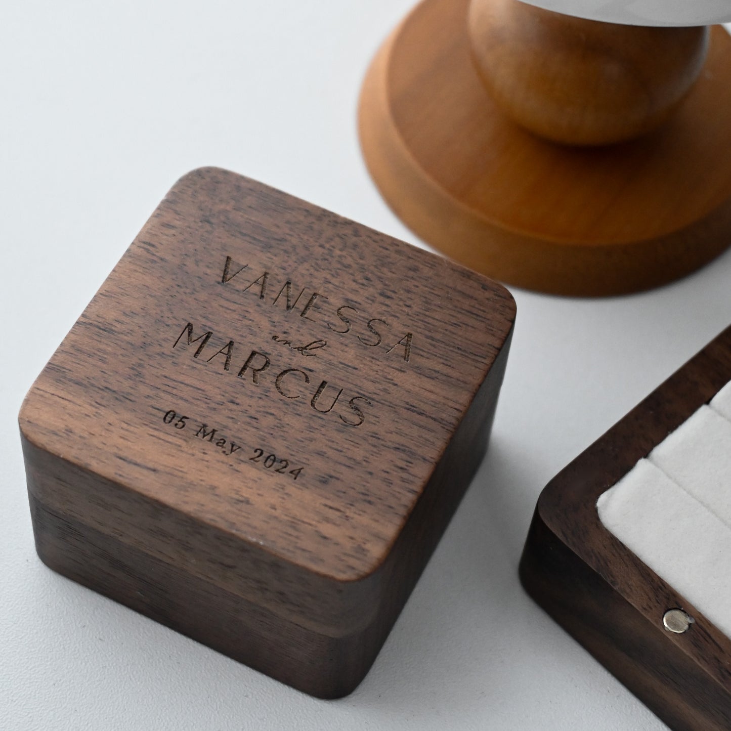 Personalised Wooden Ring Box engraved with names