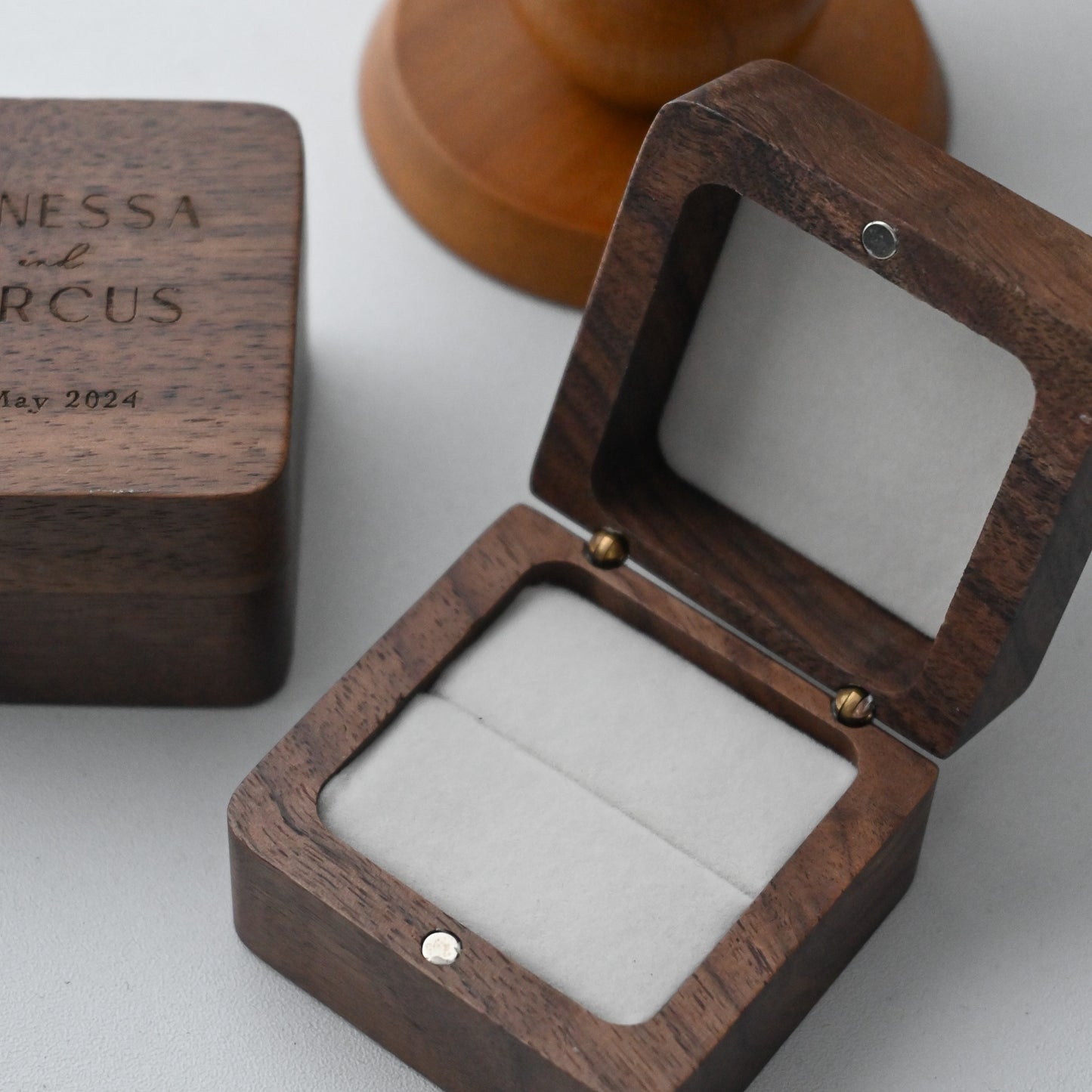 Personalised Wooden Ring Box engraved with names