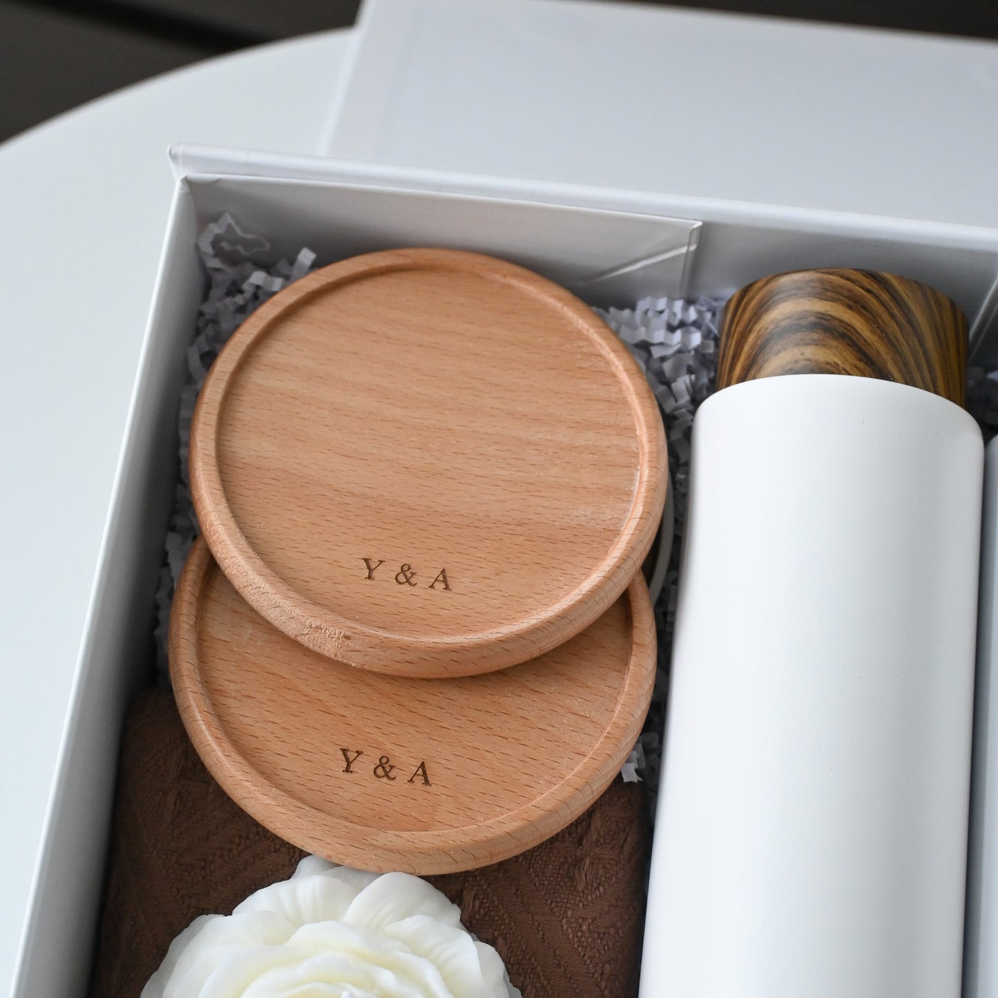 Personalised Wedding Gift Set with Thermos, coasters and candle - Infinity & Beyond Singapore