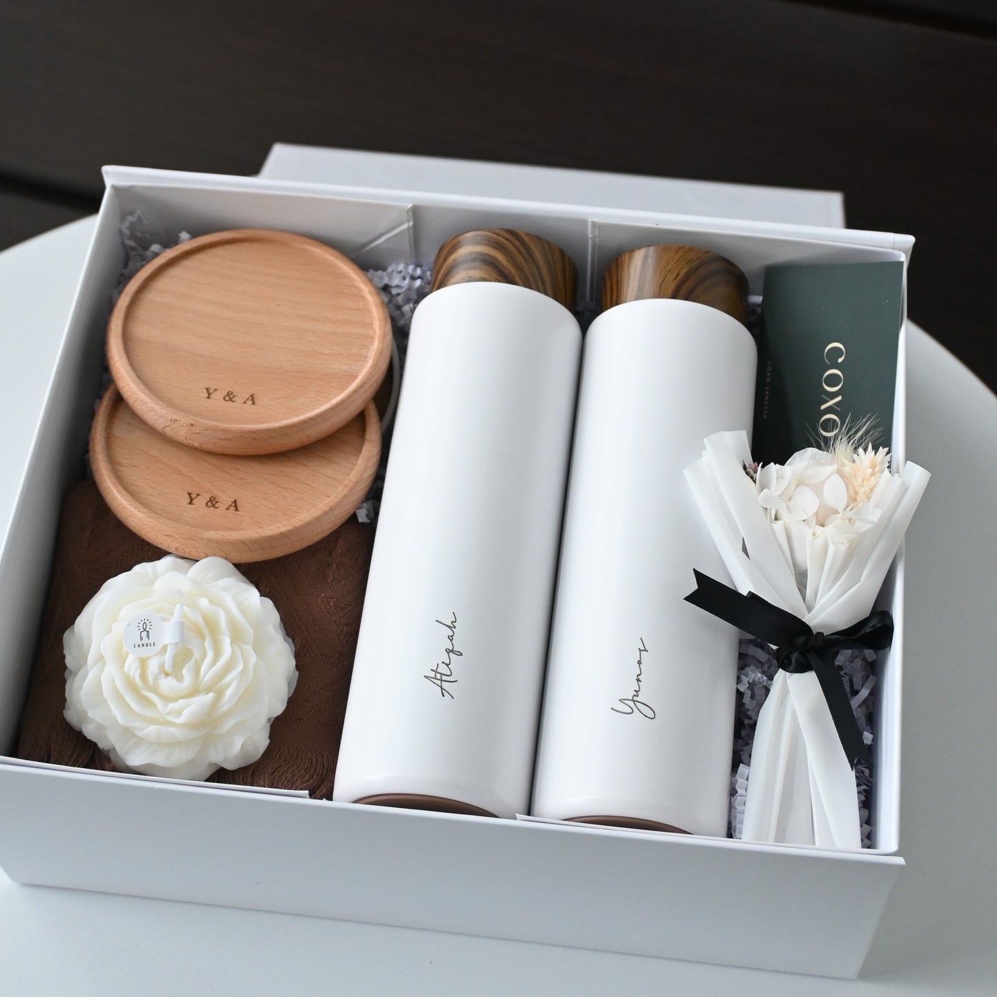 Personalised Wedding Gift Set with Thermos, coasters and candle - Infinity & Beyond Singapore