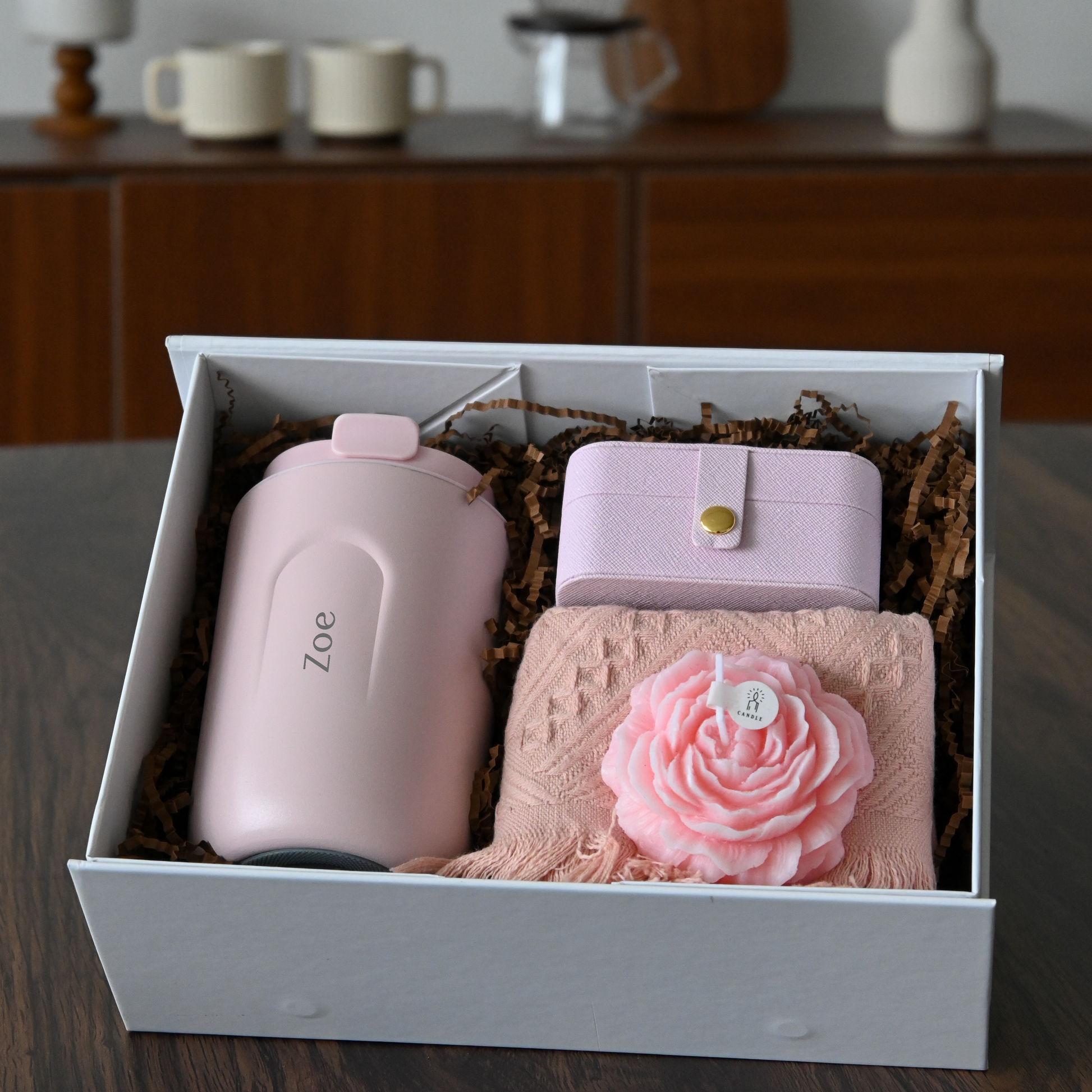 Personalised pink tumbler, pink jewellery organiser, pink tea towel and pink rose candle in a white gift box