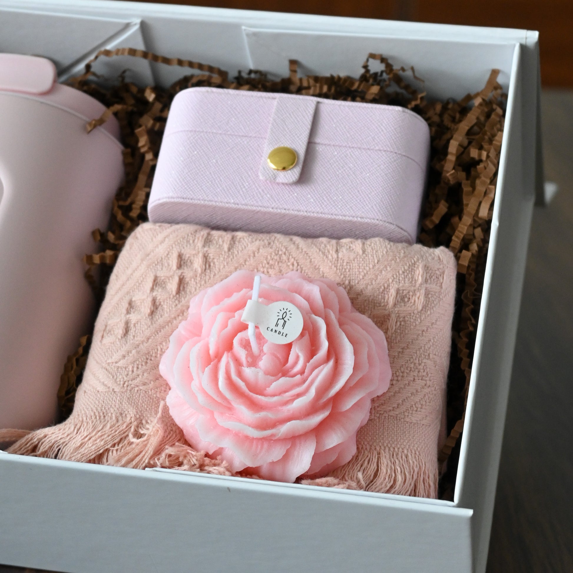 Personalised pink tumbler, pink jewellery organiser, pink tea towel and pink rose candle in a white gift box