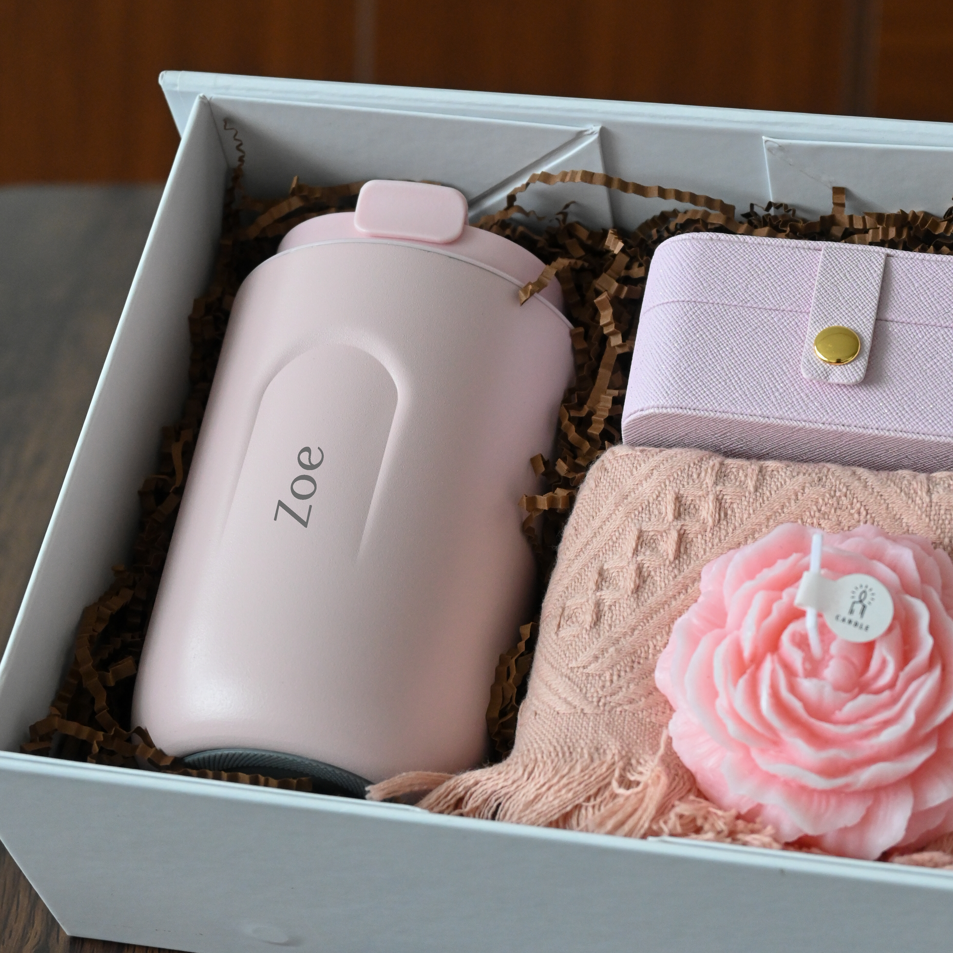 Personalised pink tumbler, pink jewellery organiser, pink tea towel and pink rose candle in a white gift box
