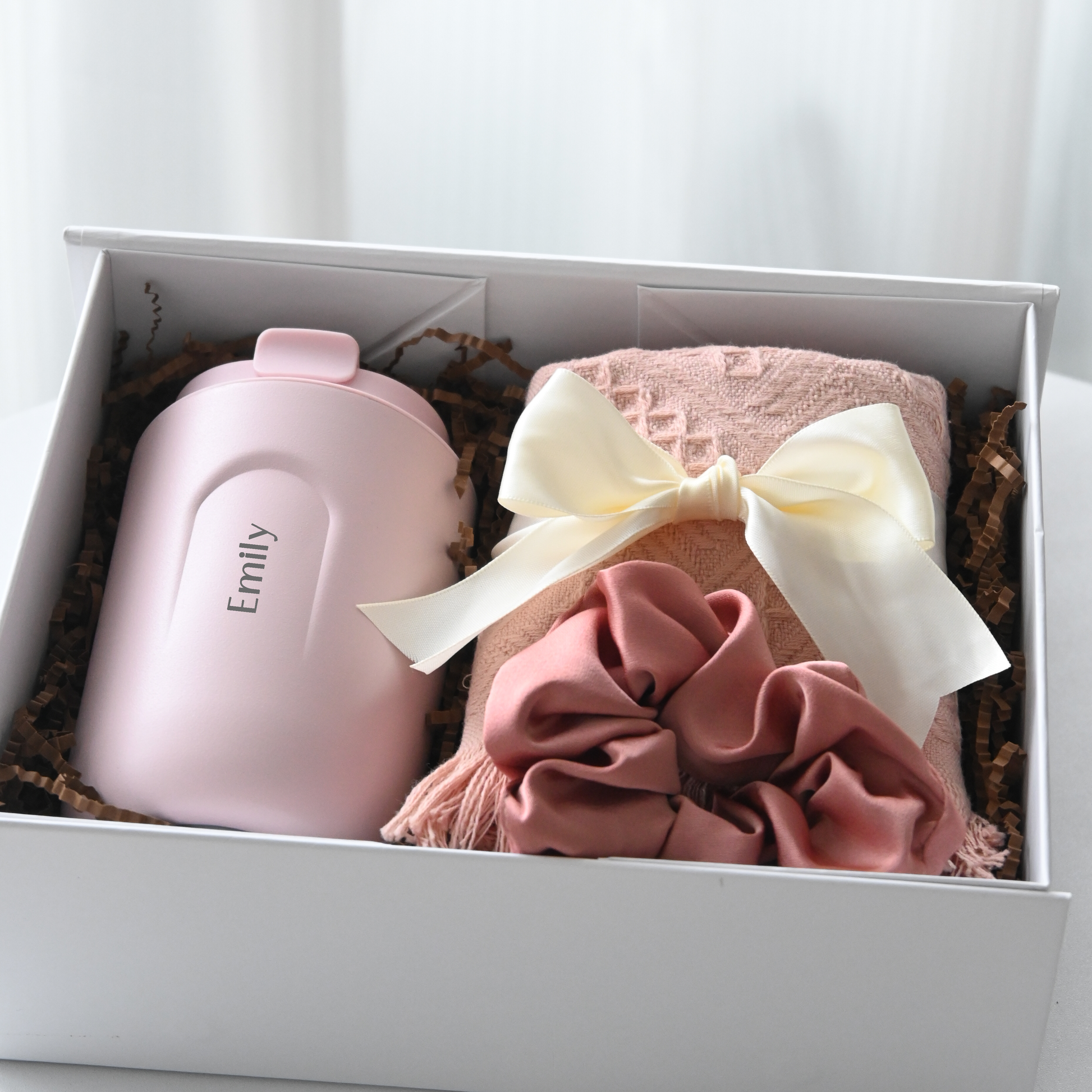 Personalised pink tumbler, pink tea towel and pink scrunchie in a white gift box