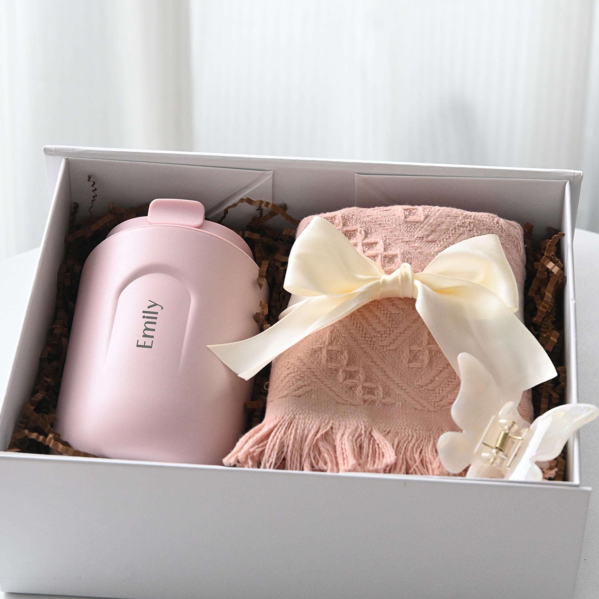 Personalised pink tumbler, pink tea towel and butterfly claw clip in a white gift box