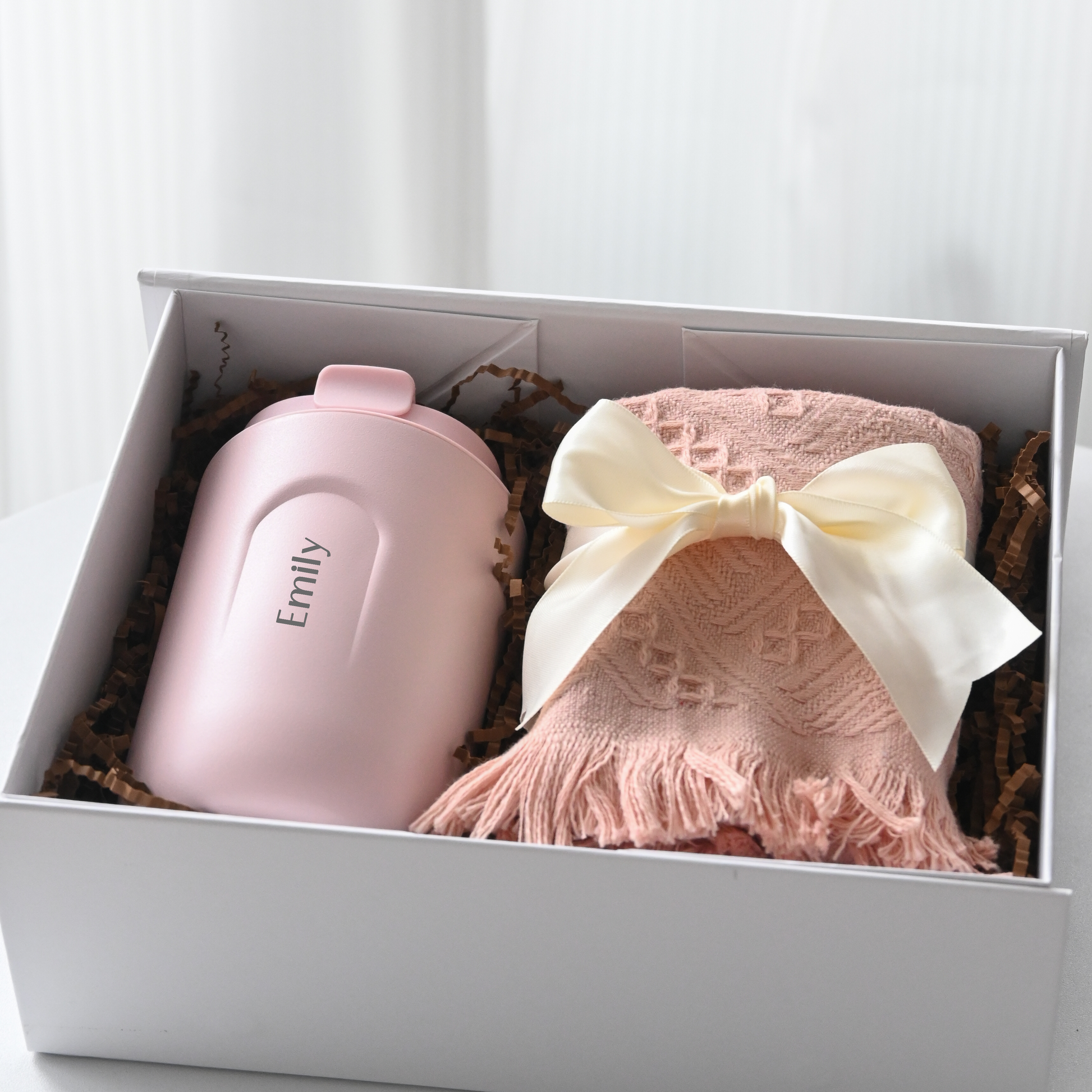 Personalised pink tumbler and pink tea towel in a white gift box