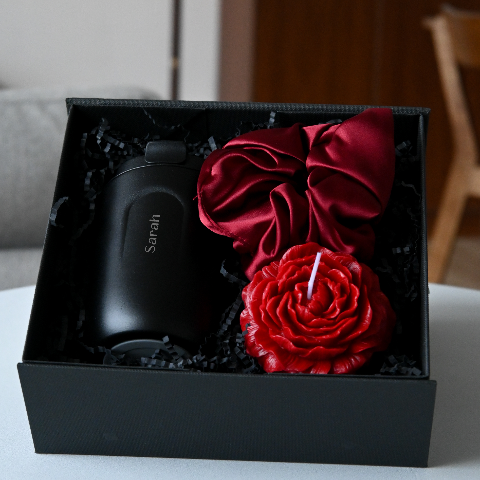 Personalised black tumbler, with wine red scrunchie and rose red candle in a gift box