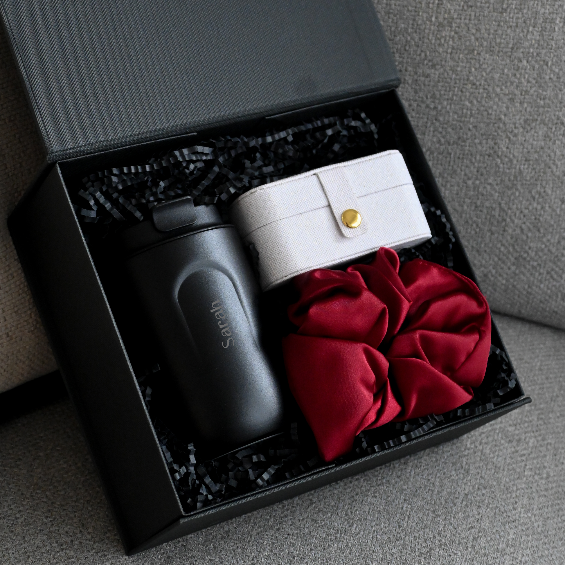Personalised Black tumbler, white jewellery organiser, and red scrunchie in a black gift box