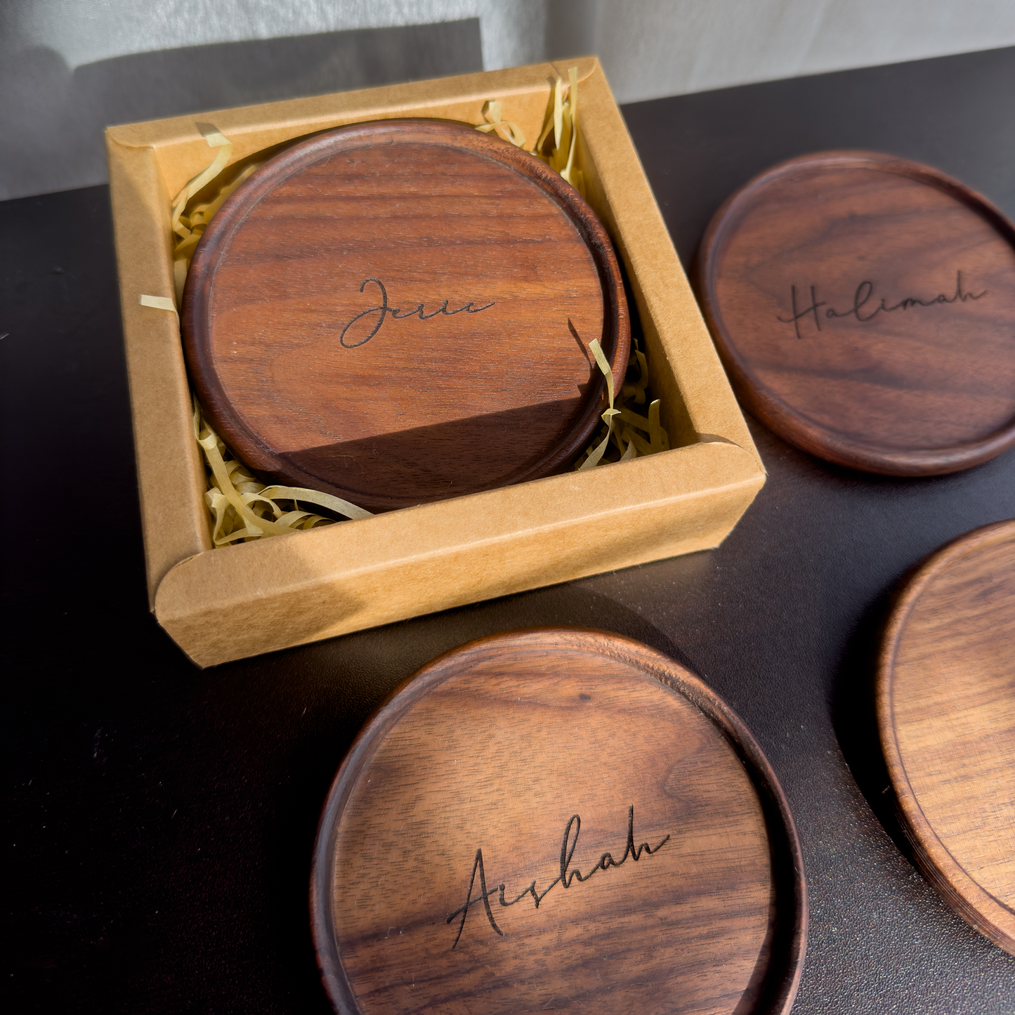 Personalised Walnut Wood Coaster Gift Singapore