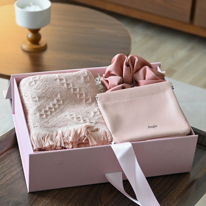 Pink gift box with pink tea towel,  pink scrunchie and a personalised compact pouch