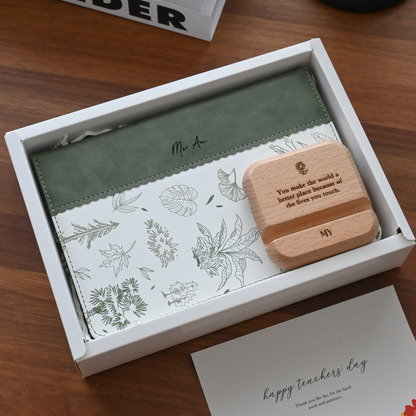Gift set with wooden phone stand, card, and botanical design notebook for teachers' day singapore
