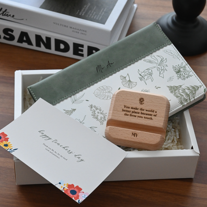 Gift set with wooden phone stand, card, and botanical design notebook for teachers' day singapore