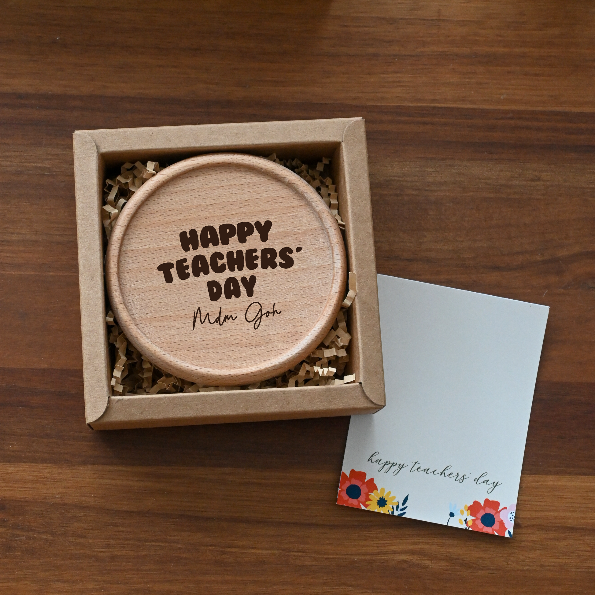Wooden coaster customised engraving and a card for teachers' day singapore