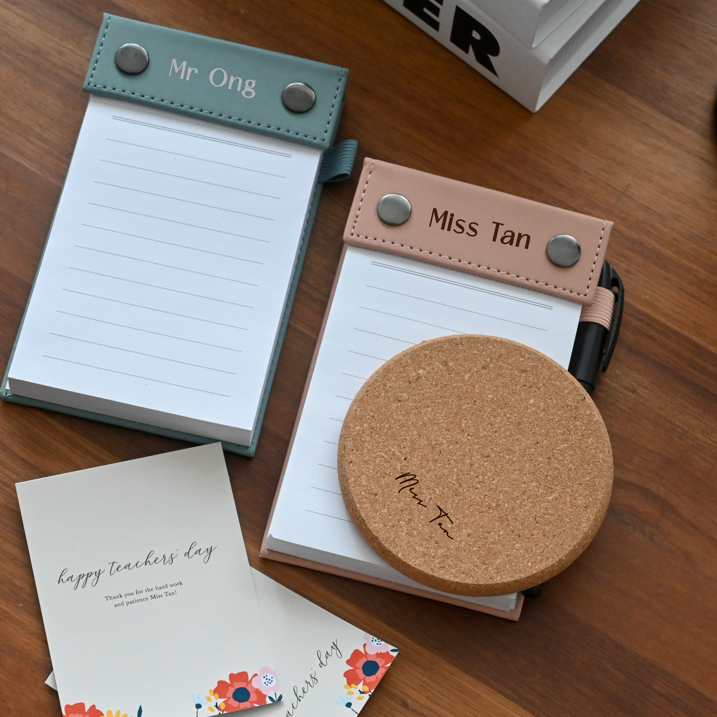 Personalised notepads with cork coaster with a message card for teachers' day singapore