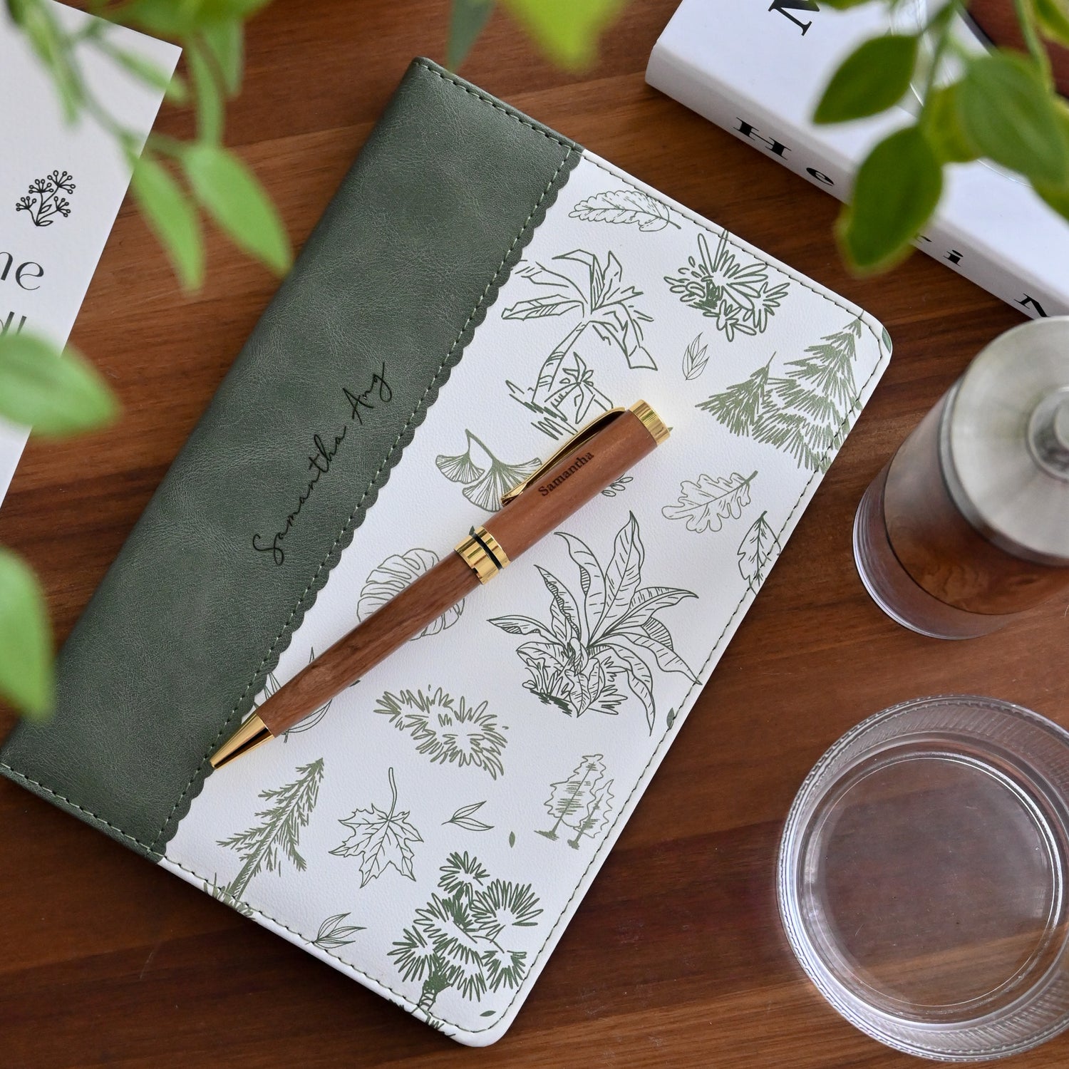 Personalised Botanical sage green notebook with walnut wood pen gift set Singapore