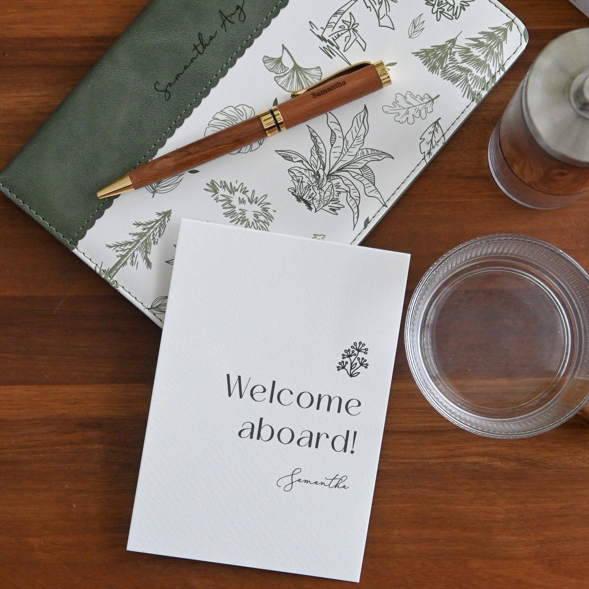 Personalised Botanical sage green notebook with walnut wood pen gift set Singapore