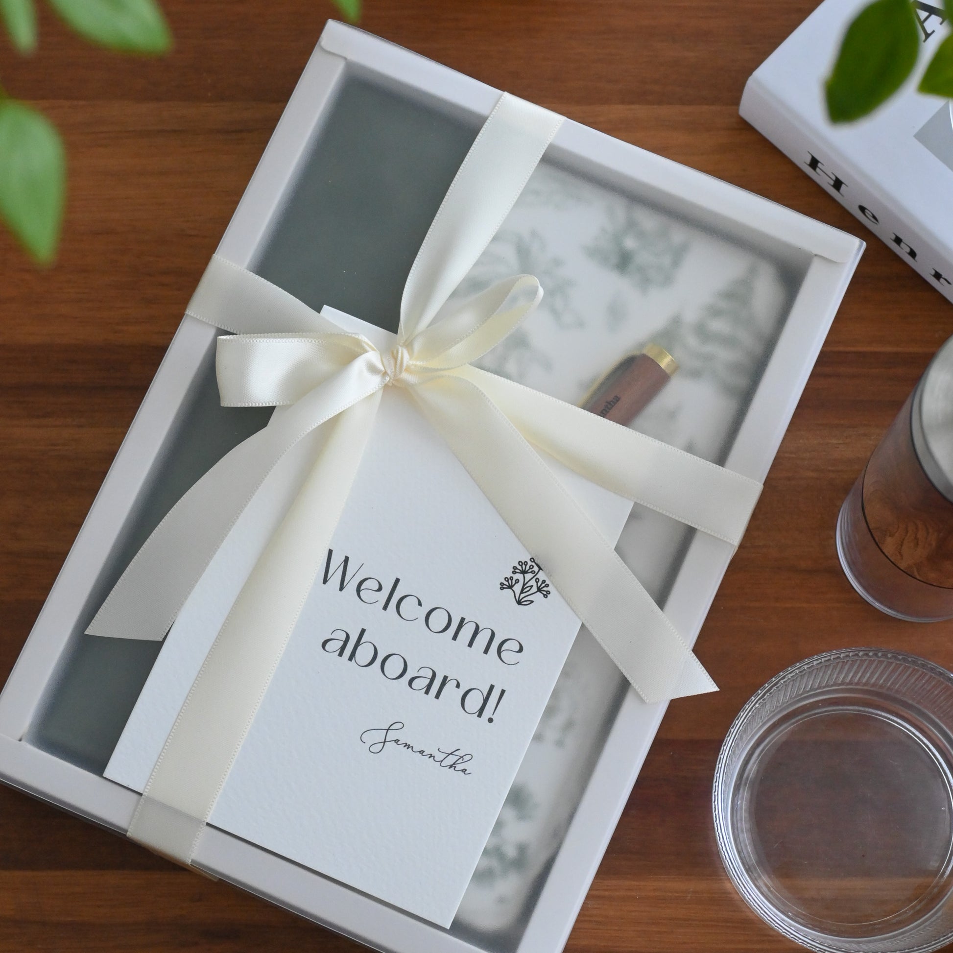 Personalised Botanical sage green notebook with walnut wood pen gift set Singapore