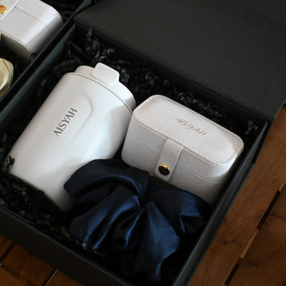 Personalised White tumbler, white jewellery organiser, and navy scrunchie in a black gift box 