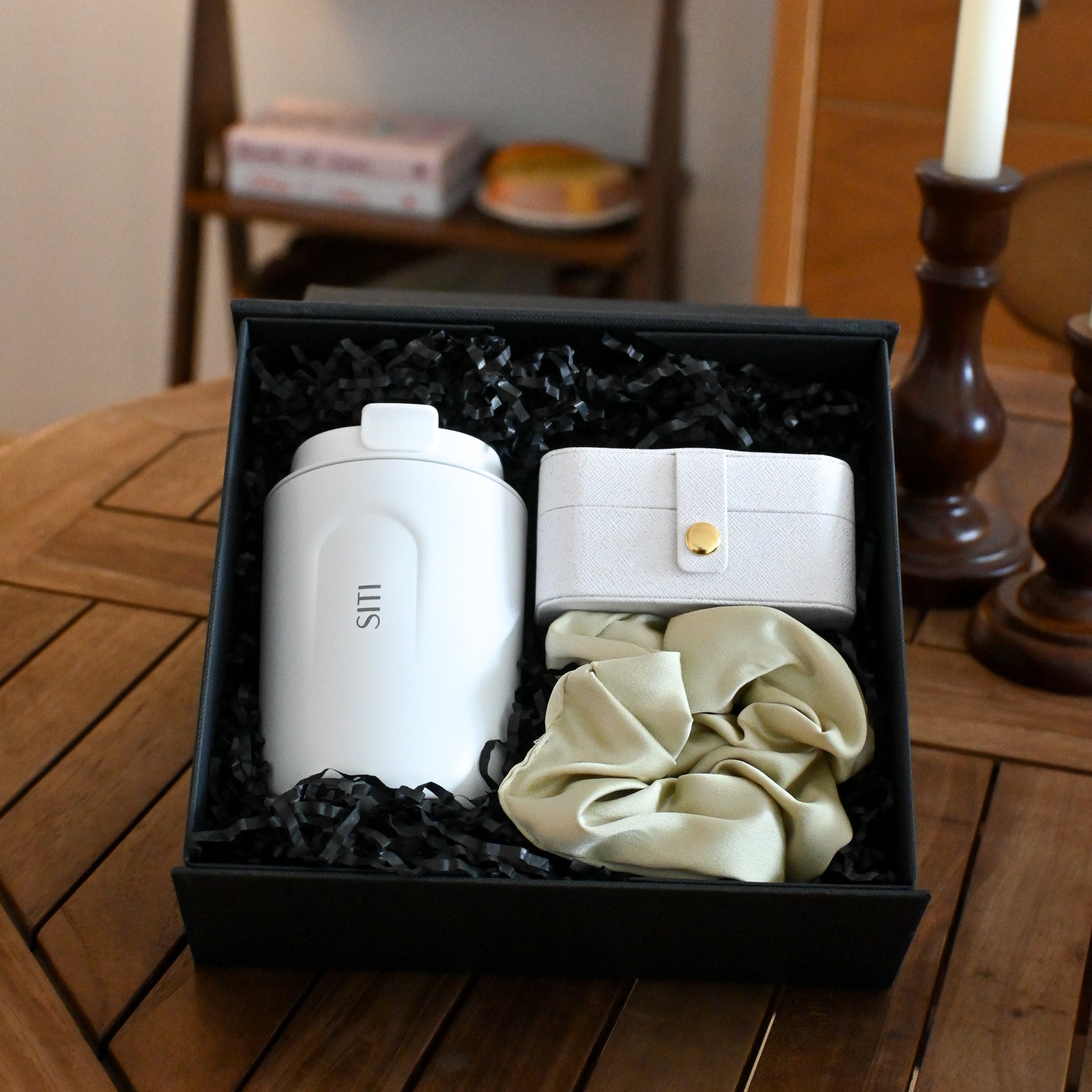 Personalised White tumbler, white jewellery organiser, and sage green scrunchie in a black gift box 