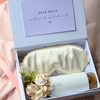 Personalised Bridesmaids Gift Set with Thermos, Sleeping Eye Mask and Rose Wrist Corsage