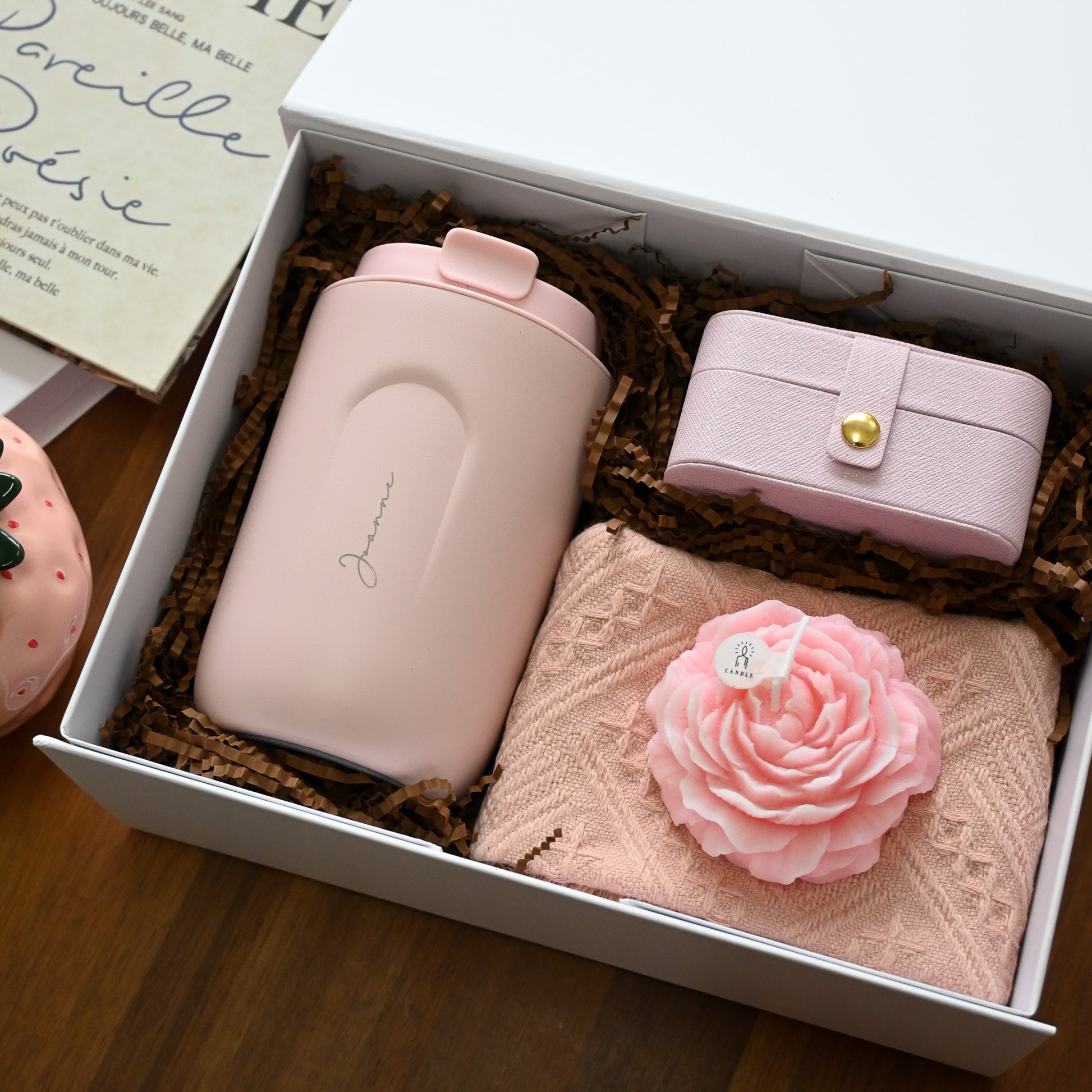 Personalised pink tumbler, pink jewellery organiser, pink tea towel and pink rose candle in a white gift box
