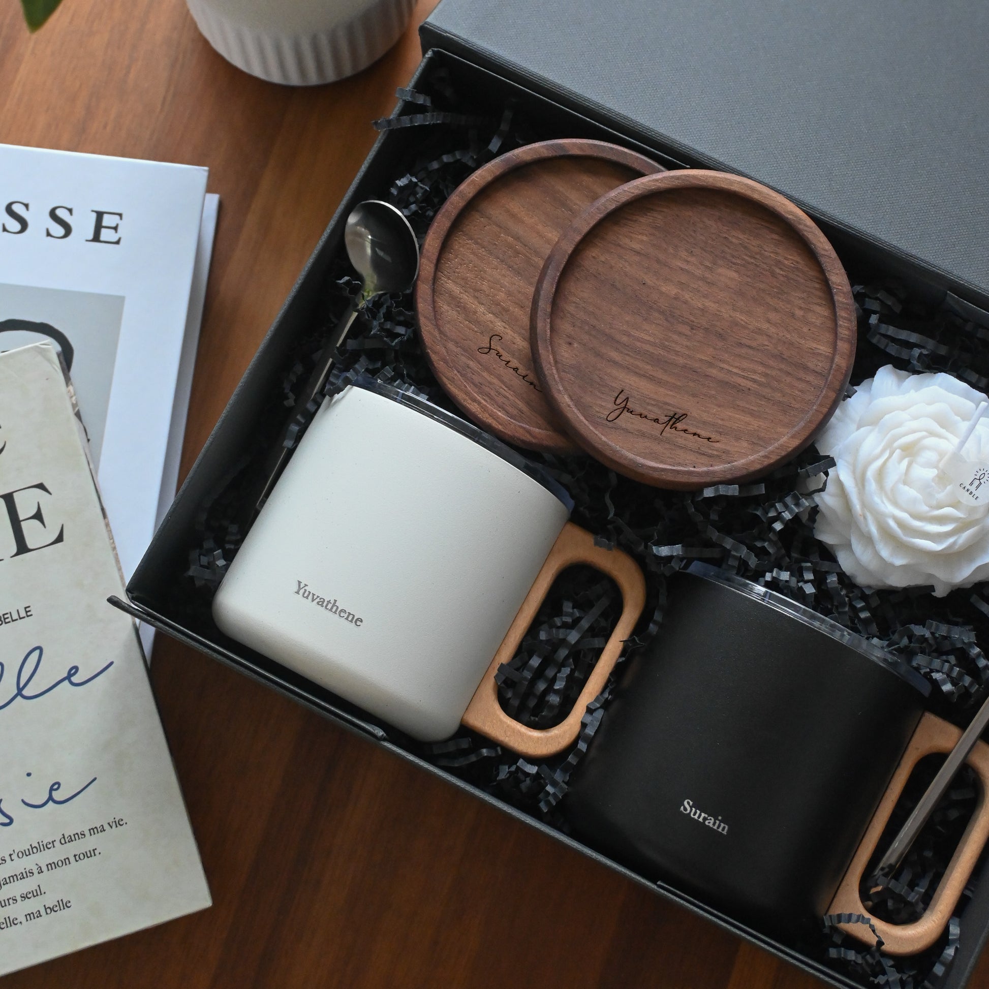 Personalised Housewarming/Wedding Couple Gift Set - The Perfect Pairing with Walnut Wood Coasters Singapore