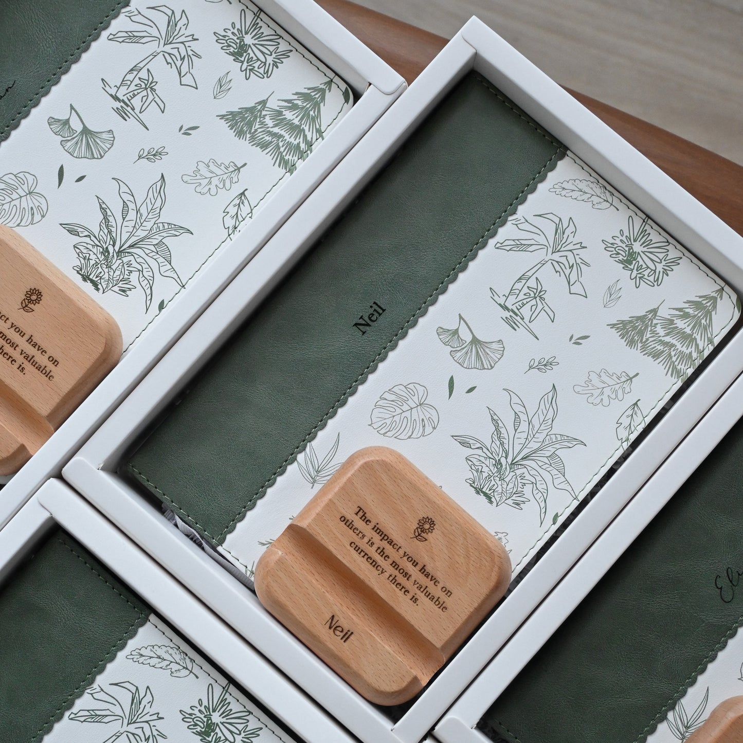 Gift set with wooden phone stand, card, and botanical design notebook for teachers' day/appreciation singapore