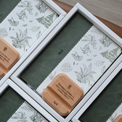 Gift set with wooden phone stand, card, and botanical design notebook for teachers' day/appreciation singapore