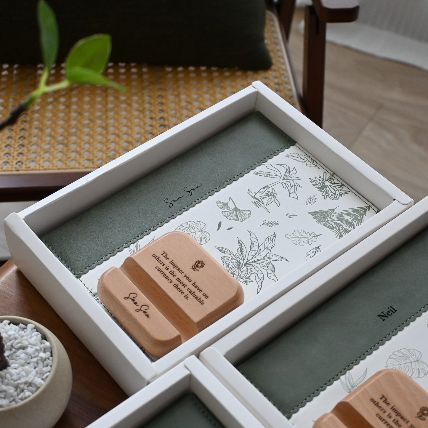 Gift set with wooden phone stand, card, and botanical design notebook for teachers' day/appreciation singapore