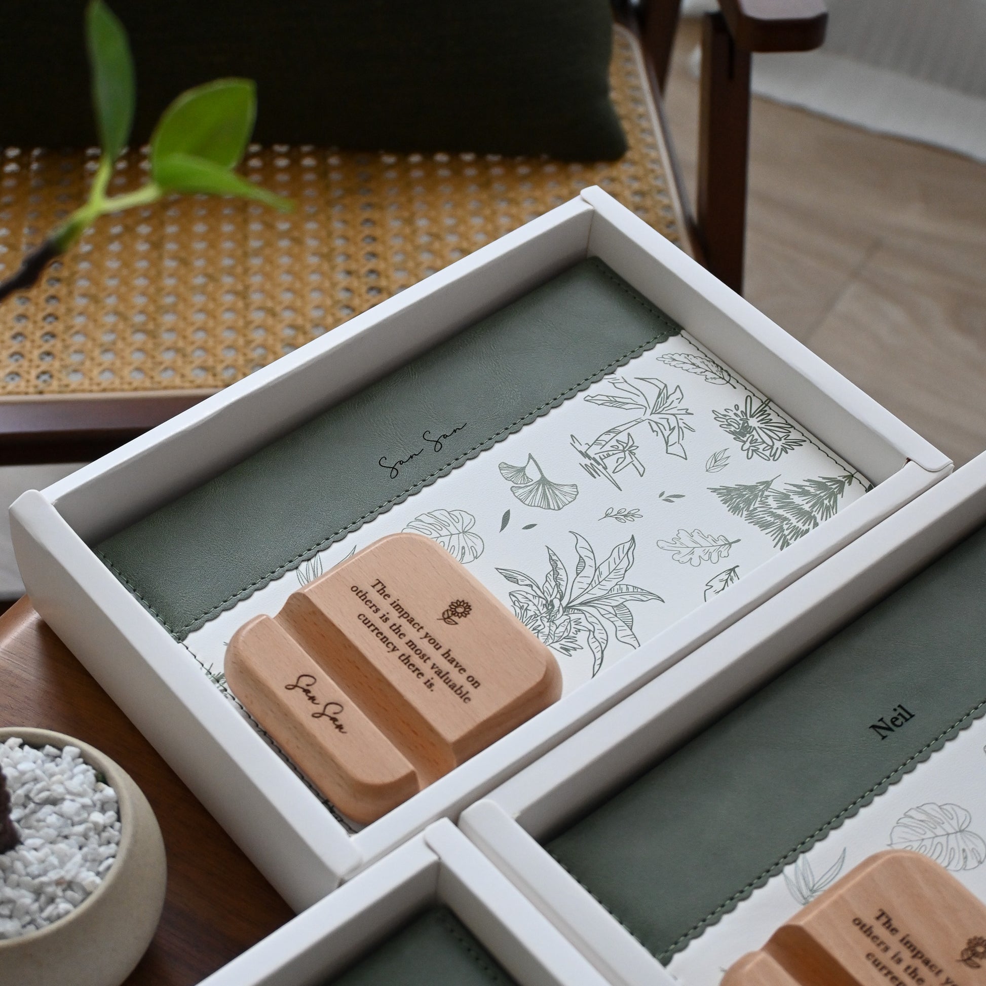 Gift set with wooden phone stand, card, and botanical design notebook for teachers' day/appreciation singapore