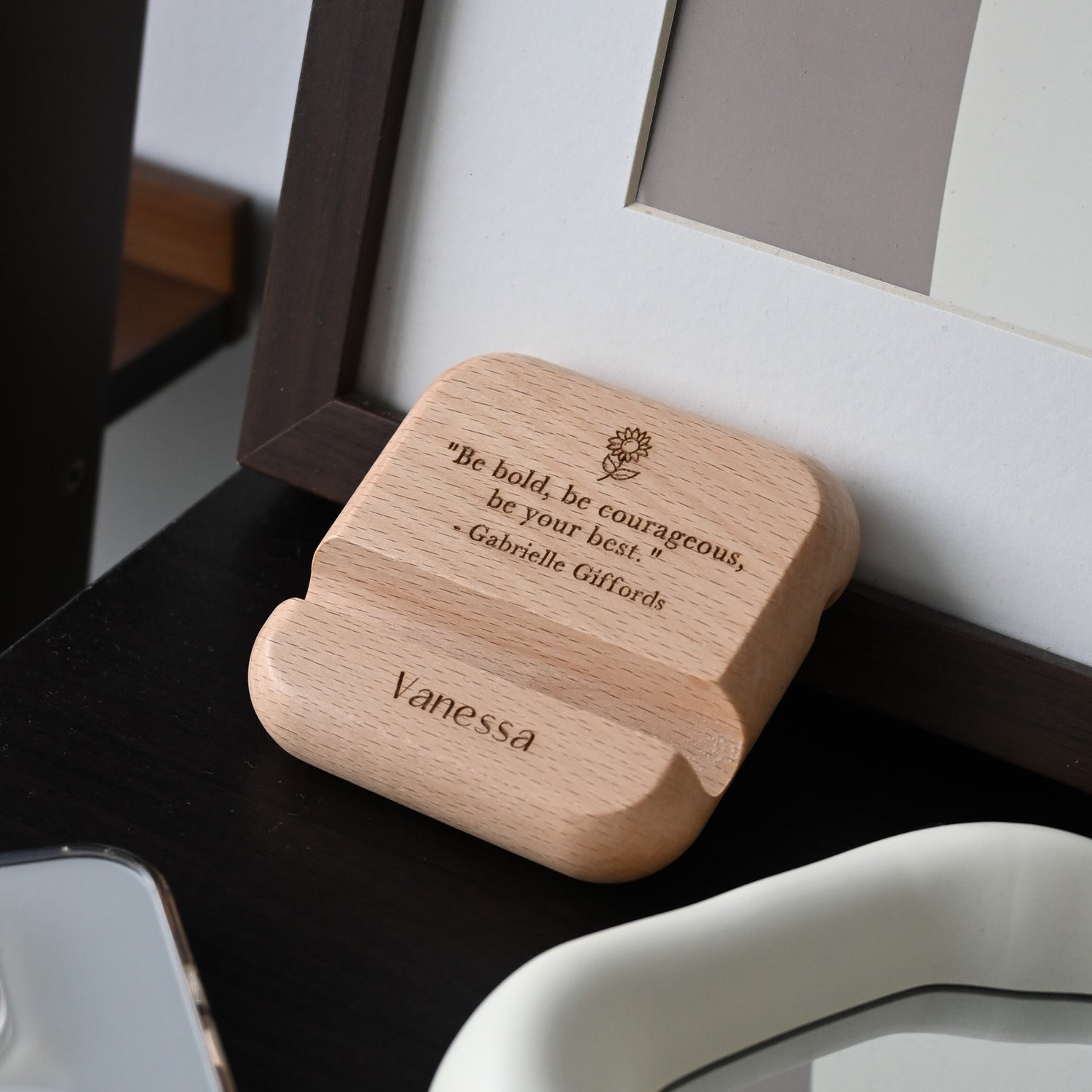 Personalised Engraved Wooden Phone Stand (Name & Quote) Singapore