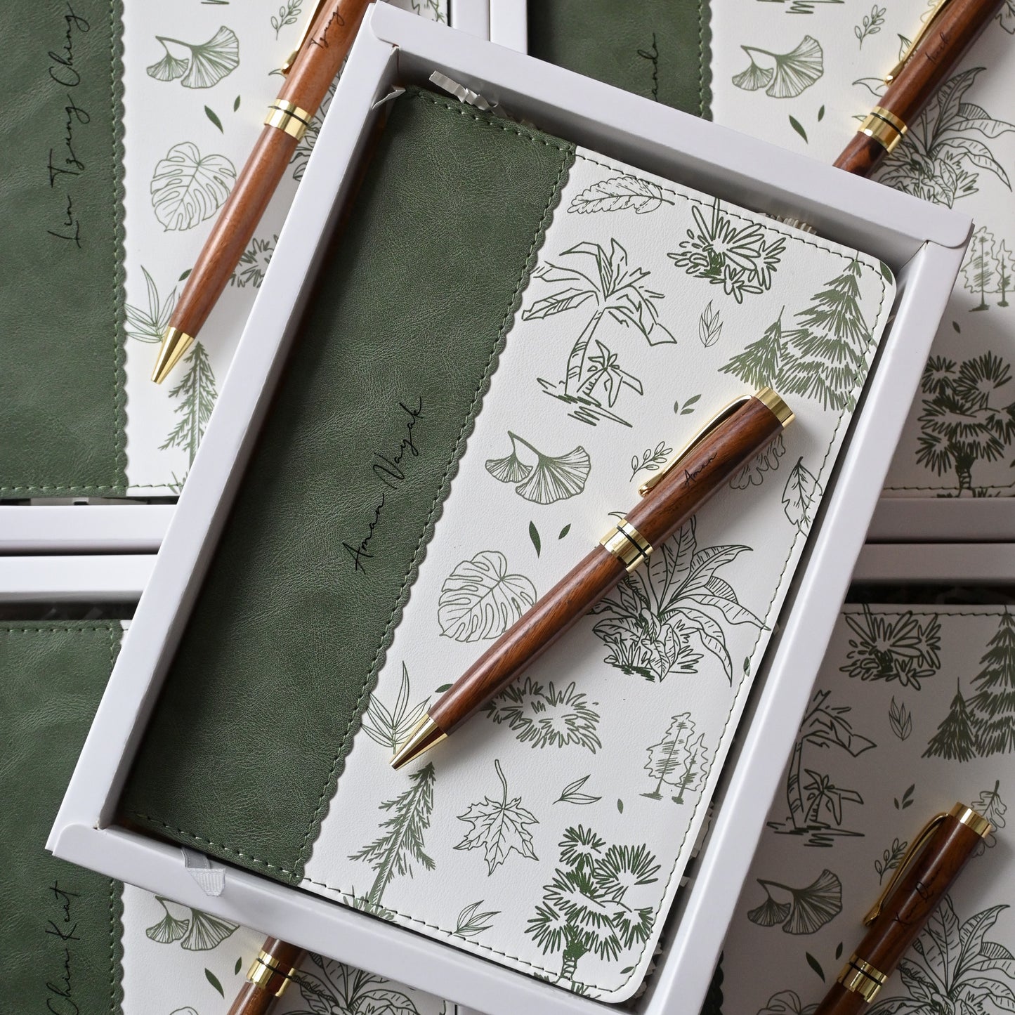 Personalised Botanical sage green notebook with walnut wood pen gift set Singapore