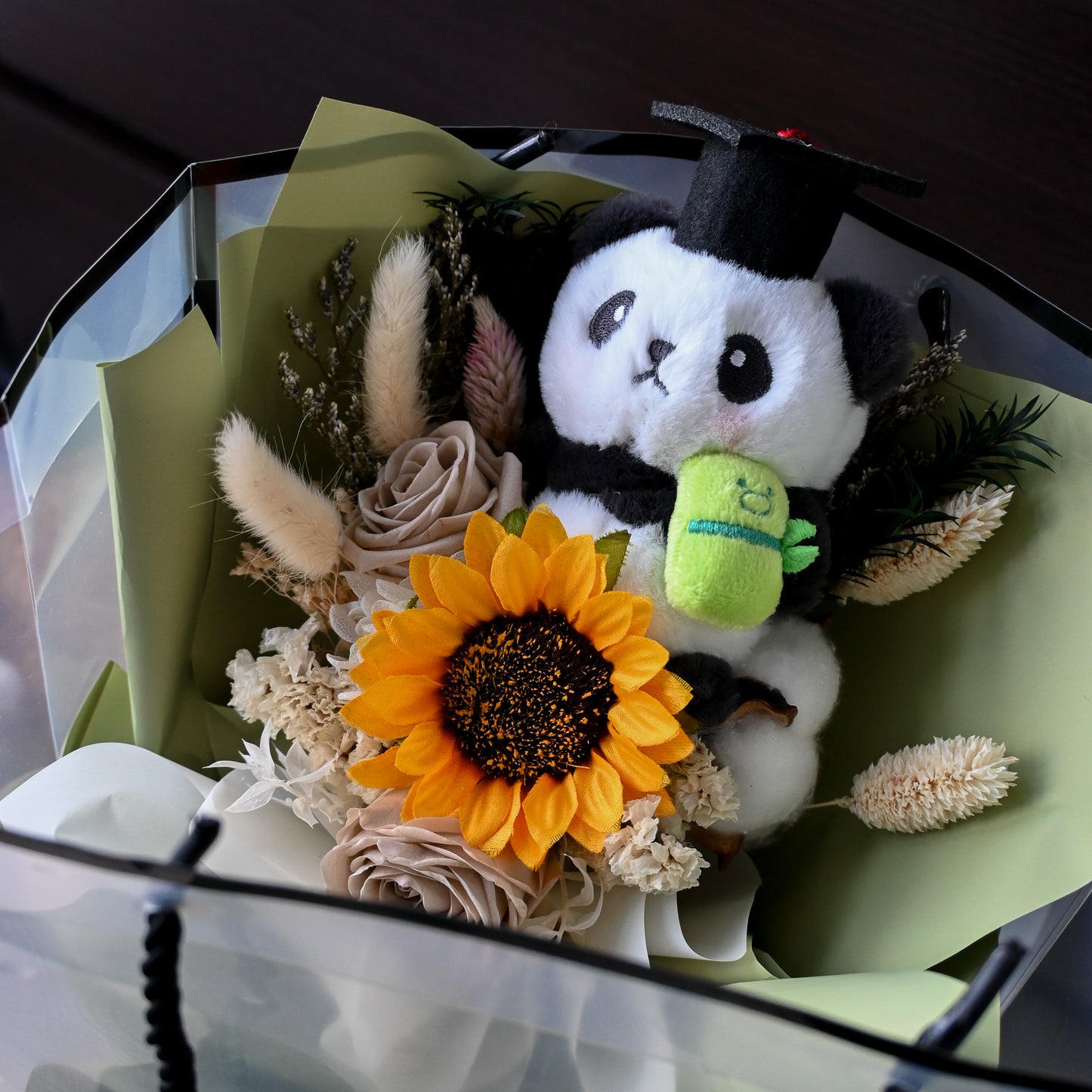 Preserved Sunflowers & Panda Graduation Bouquet