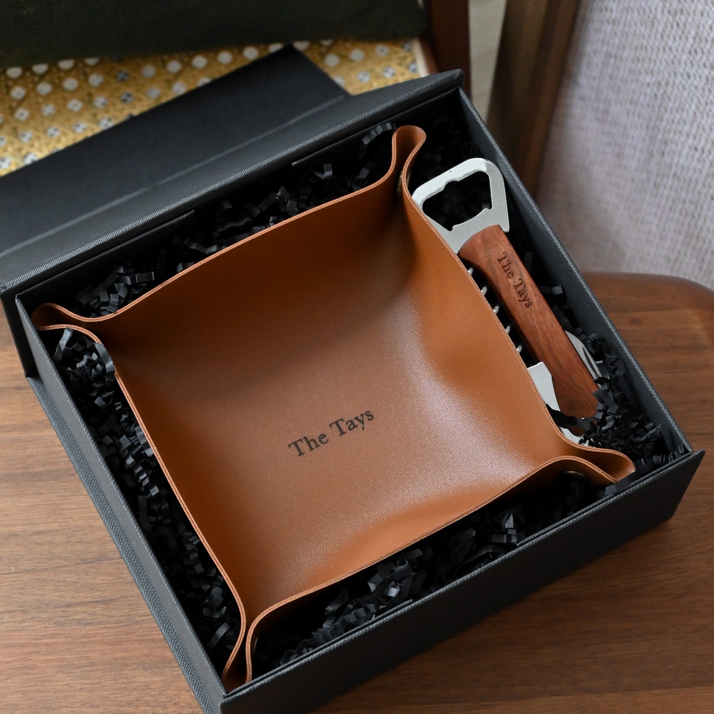 Personalised Quiet Essentials Gift Set | Leather tray & bottle opener | Singapore