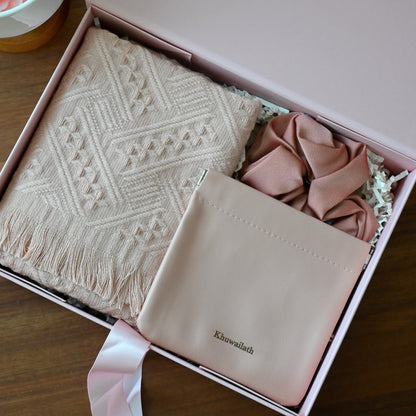 Pink gift box with pink tea towel,  pink scrunchie and a personalised compact pouch