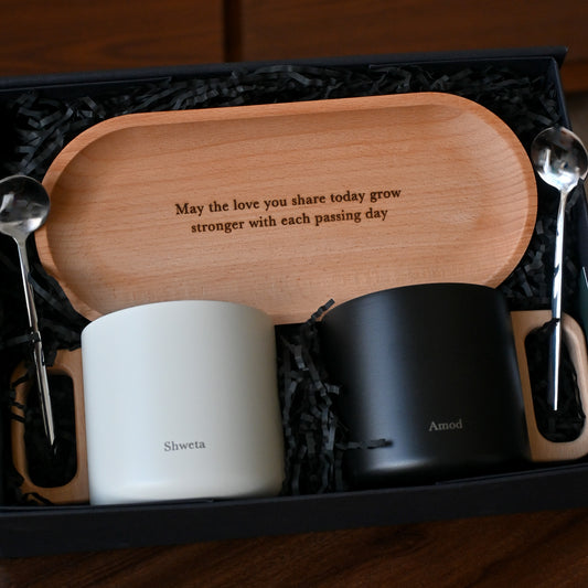 Two personalised mugs, a wooden tray in a black gift box for couples wedding or housewarming